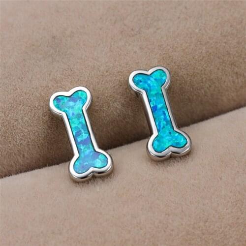 Fashion Silver Color Wedding Earrings Boho White Blue Fire Opal Earrings Cute Female Creative Bone Shape Stud Earrings For Women
