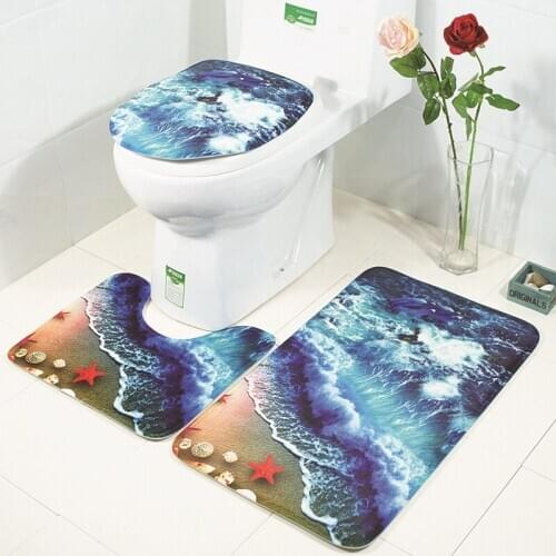 New 3PCS Toilet Floor Mat Set Non-Slip Flannel Bathroom Carpet with 3D Wave Printing Toilet Cover and floor Rugs set
