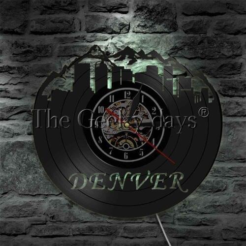 Denver Skyline Vinyl Record Wall Sign Lighting Clock Colorado Cityscape 3D Deco LED Wall Light Night Lamp