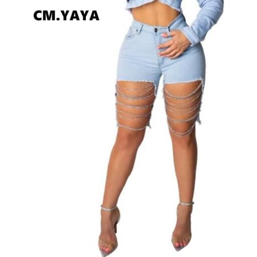 2019 new women denim fashion hole knee length pants sexy tassel splicing jeans shorts Q237