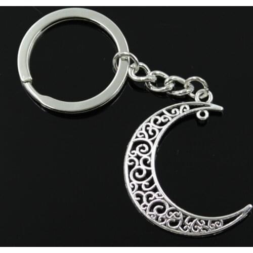 New Fashion Men 30mm Keychain DIY Metal Holder Chain Vintage Hollow Moon 40x30mm Silver Color Pendant Gift