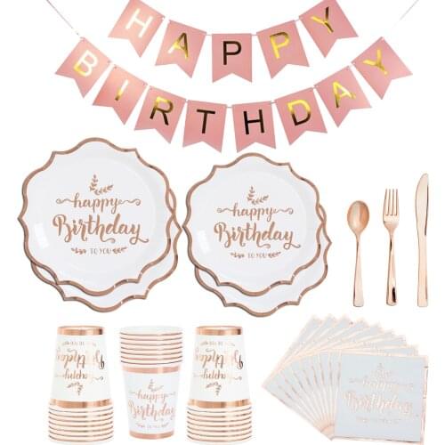 Rose Gold Happy Birthday Disposable Tableware Happy Women 16 18 21th Birthday Party DIY Pink Girl 1st Happy Birthday Party Decor