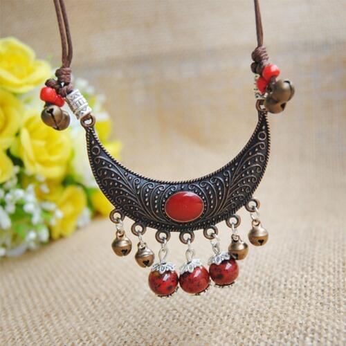 Bohemian Charm Necklace For Women Ethnic Flower Pattern Moon Shaped Pendants Necklaces Long Sweater Chain Vintage Jewelry Men