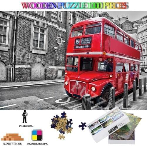 Red Bus In London Jigsaw Puzzle 1000 Pieces Wooden Puzzles for Adults DIY Assembly Puzzle Toys Famous City Landscape Puzzle Toys