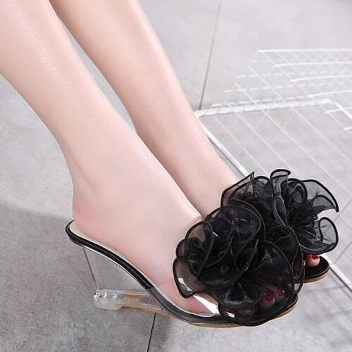 Wedges heel sandals women summer new sexy crystal transparent high heels diamond slides slippers women Banquet shoes 889