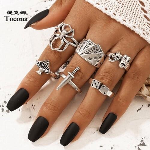 Tocona Punk Playing Cards Spider Ring Sets for Women Men Charms Mushroom Sword Hollow Out Geoemtry Party Jewelry Anillo 19690