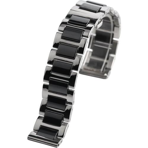 YISUYA White/ Black Ceramics Replacement Watch Band Hidden Clasp 18/ 20mm Wrist Band Strap Push Button Stainless Steel Band