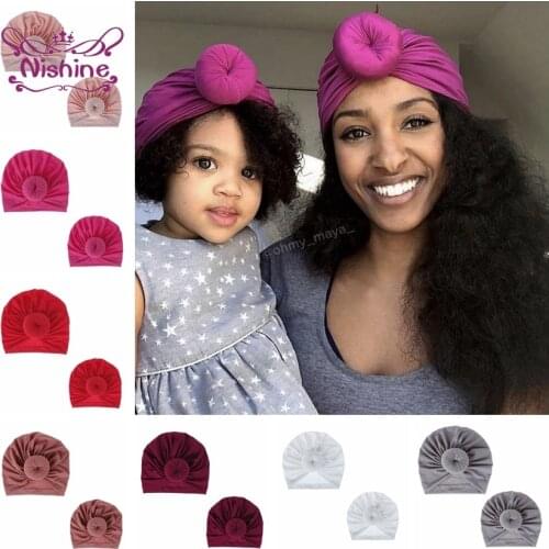 NISHINE New Mommy and Me Cotton Round Ball Flower Hat Women Caps Girls Newborn Turban Twist Knot Headwear Gifts Hair Accessories