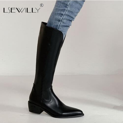 Lsewilly 2021 Winter Autumn Comfort Woman Shoes Chunky Heels Knee High Riding Booties Women Slim Western Boots Big Size 34-44