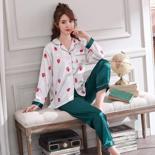 Spring Autumn Print Pattern Women Pajama Set Satin Silk Turn-down Collar Pajamas Sleepwear Long Sleeve Trousers Two Paper Suit