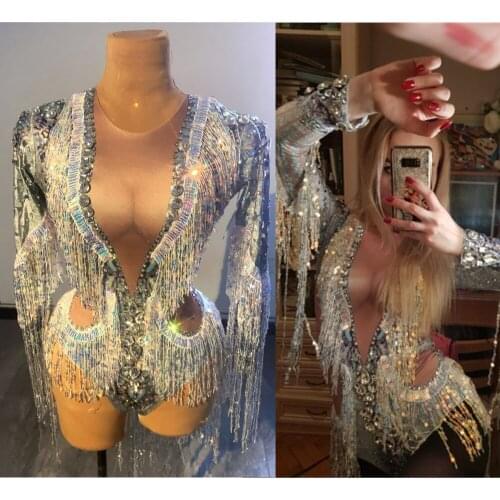 Fashion Silver Rhinestone Sequin Tassel Party Bodysuit Women Sexy Crystal Fringes Jumpsuit Club Dancer Leotard Show Stage Outfit