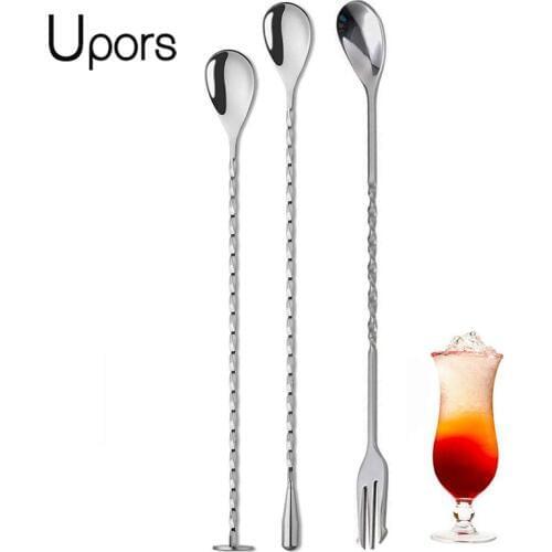 UPORS 10/11/12/13 inch 10Pcs Stainless Steel Cocktail Spoon Muddler Cocktail Shaker Mixing Spoon Bartender Tools