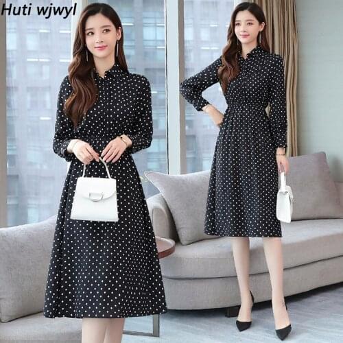 2021 Black Dot Chiffon Long Sleeve Midi Dresses Autumn Winter Vintage Plus Size Women Bodycon Dress Elegant Party Femal Vestidos