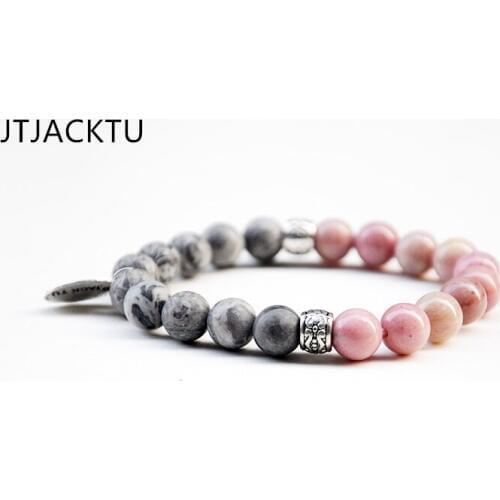 8mm grey stone mix pink beads elastic bracelet unisex