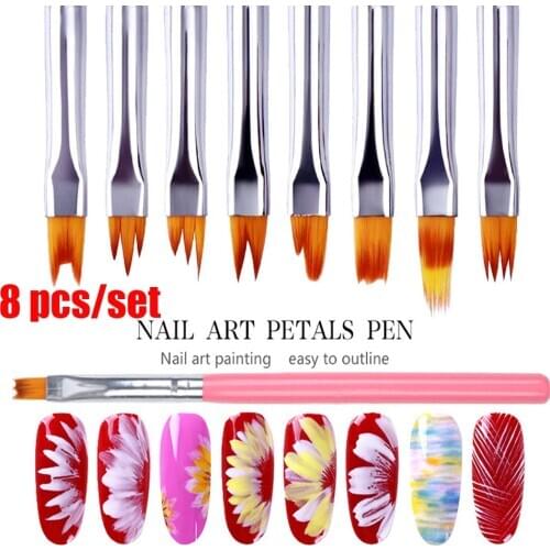 8Pcs/Set Acrylic Nail Art Brushes Gel UV Nail Brush Painting Flower Drawing Pen Wood Handle Manicure Nails Art Polish Pen Tool