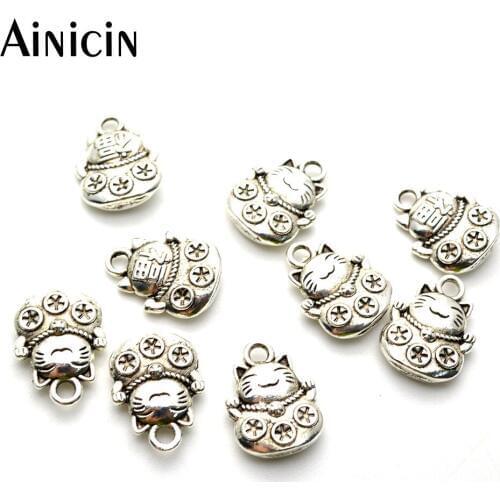 Ancient Silver Color Cute Lucky Cat Charms 11x15mm Fashion Bracelets Jewelry Making Pendants DIY Jewelry Making Findings 100pcs