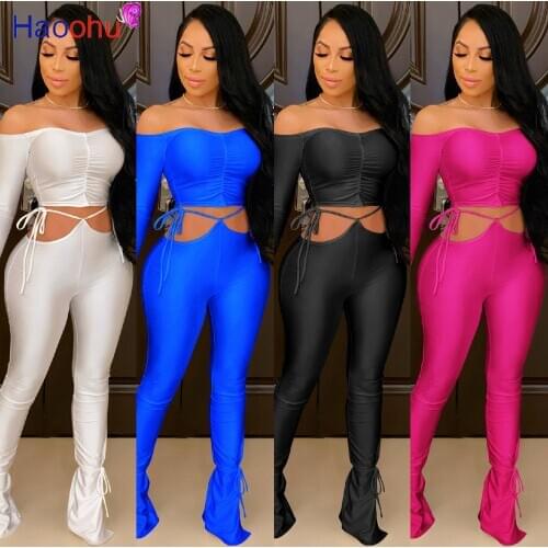 Elegant 2 Two Piece Set Tracksuit for Women Outfits Off Shoulder Bandage Crop Top Stacked Flare Trouser Sweat Suit Matching Set