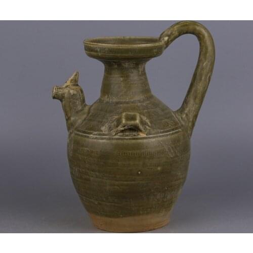 Western Jin Dynasty (321-356) Yue Kiln Handmade Porcelain Celadon Double-line Chicken Head Pot