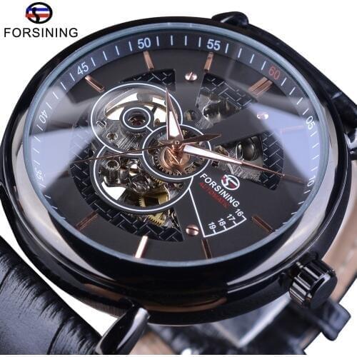 Forsining Transparent Case Avigator Series Genuine Leather Strap Fashion Skeleton Design Men Automatic Watches Top Brand Luxury
