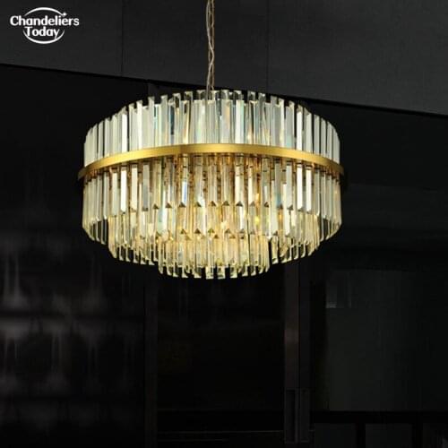 Modern Design Round Crystal Glass Chandelier Hanging Lighting LED Chandeliers Lamp Living Dining Room Light Fixture Gold Finish