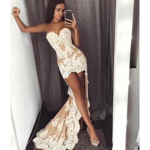 Champagne Lace Mermaid HIgh Low Prom Dresses Sexy Sweetheart Front Short Back Long Plus Size Evening Party Cocktail Gowns