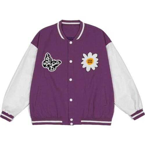 Butterfly Daisy Embroidery Bomber Jacket Women 2021 PU Leather Sleeves Coat Autumn Jacket Men Hip Hop Harajuku Varsity Jackets