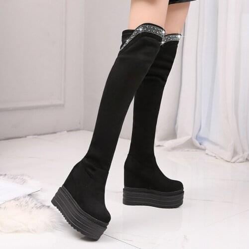 LTARTA Winter 13cm Hate High Thick-soled Stretch Fleece Inner Increase Womens Boots With Rhinestone Over The Knee Boots ZYW