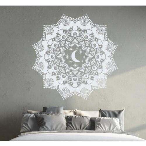 Moon Stars Mandala Wall Decal Lotus Mandala Vinyl Wall Stickers for Bedroom Home Decor Living Room Wall Art Yoga Decor S-443