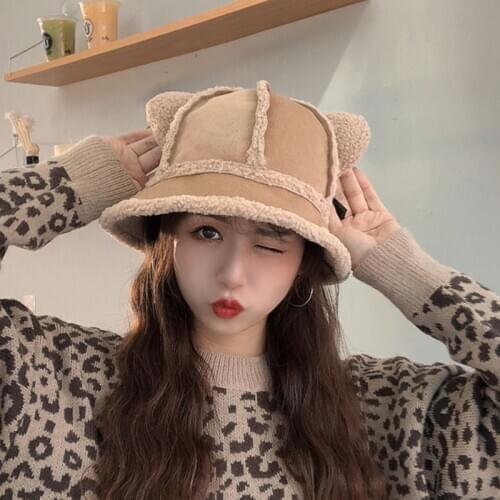 Womens Lamb Plush Cat Ear Cute Fishermans Cap Versatile Sweet Soft Girl Western Style Warm Basin Cap
