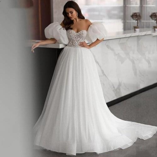 Sweetheart A Line Wedding Dresses Glitter Tulle Lace Appliques Bridal Dress with Detachable Puff Sleeve Wedding Gowns