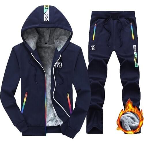 Men Sportswear Tracksuit Autumn Winter Fleece Hooded Jacket Sweatshirt Hoodies+pants Running Jog Leisure Set Sports Warm Suit