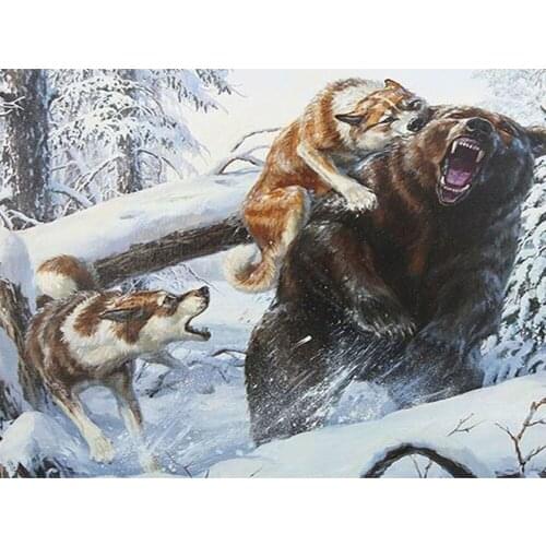 5D DIY Diy Diamond Painting Cross Stitch Diamond Two Wolves Attack A Bear Broderie Diamant Kit Complet