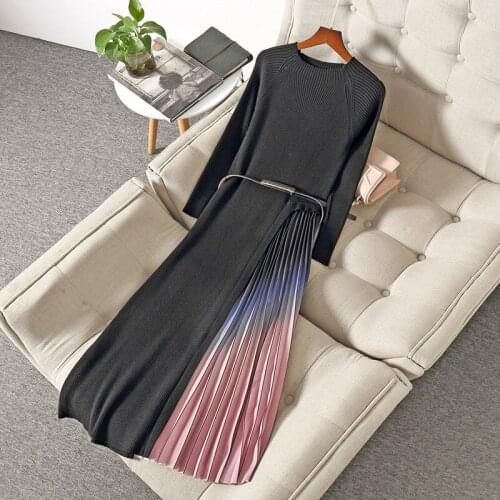 New Autumn Winter Fashion O-neck Knitted Dresses 2020 Elegant Sashes Full Sleeve Dress Work wear Slim Drawstring Vestidos