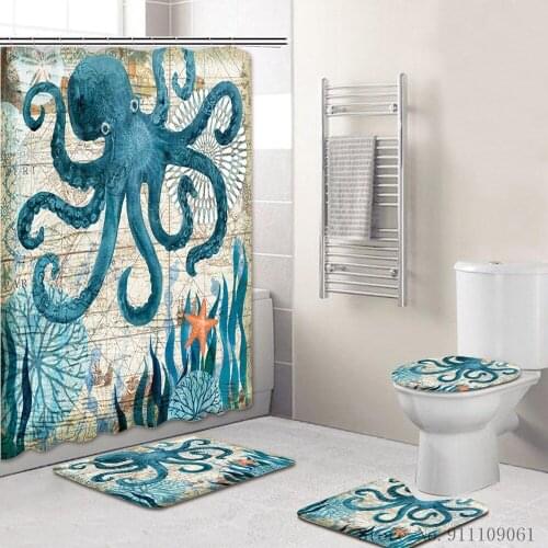 New Style Marine Animal 3D Printing Shower Curtain 4Pcs Waterproof Shower Curtain Polyester Fabric Shower Curtain Bathroom Rugs