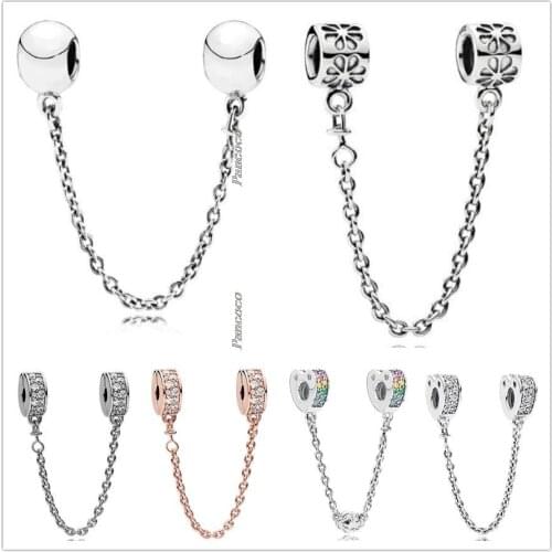 Original 925 Sterling Silver Rose Gold Shining Elegance With Crystal Safety Chain Bead Fit Pandora Bracelet & Necklace Jewelry