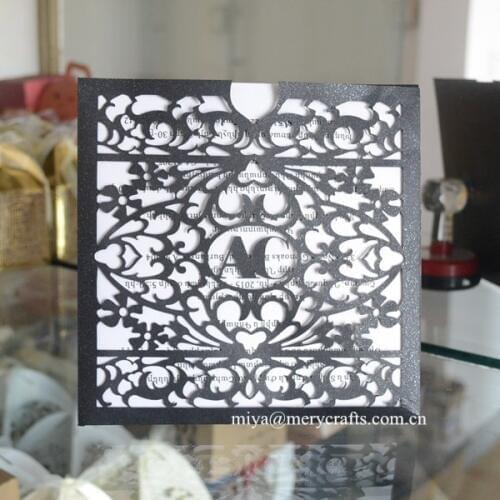 Personalized laser cut invitations black pearl paper blank pocket wedding invitations shiny