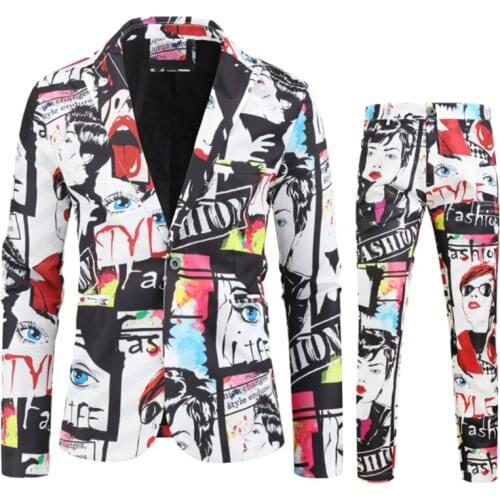 Jacket+Pants) Mens printing Suits Mens Blazer Slim Fit Wedding Male Groom Tuxedos suit Prom costume homme Plus size S-4XL