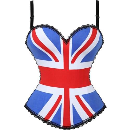 Sexy Womens Overbust Corset with Straps Britain Flag Print Corsets and Busties Top Clubwear Corset Lingerie Costume