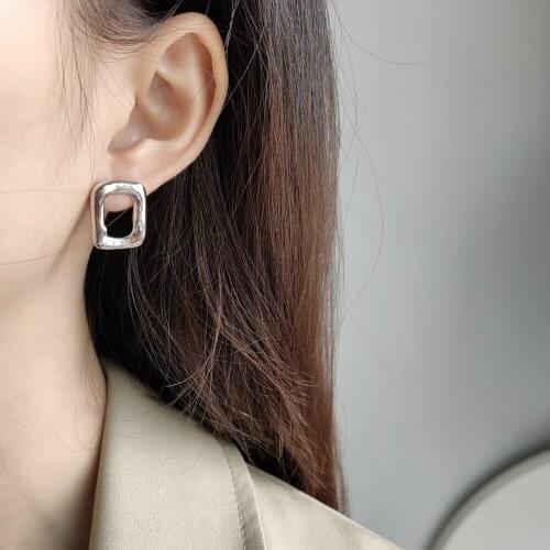 1pair Authentic 925 Sterling silver Industrial metal style OPEN Irregular Rectangle Geometric Stud earrings FINE jEWELRY E515