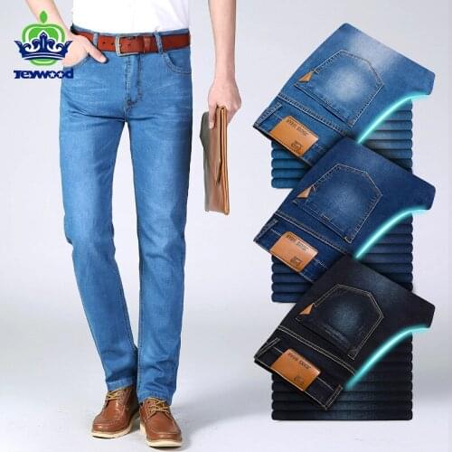 Spring Summer Jeans Men Cotton Business Casual Stretch Denim Pants Slim-fit Light Blue Black Thin Brand Trousers Male size 35 40