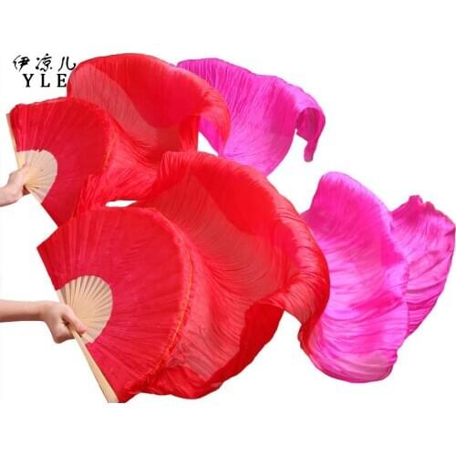 High Quality 100% Real Silk Dance Fans 1 Pair (Left hand+Right hand) Handmade Dyed Silk Belly Dancing Fans Red+Rose 150/180x90cm
