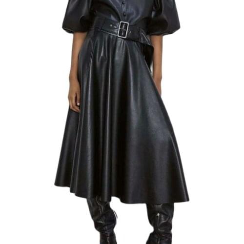 2020 New Fashion Women Autumn Winter PU Faux Leather Skirts Lady High Waist A-Line Midi Mid-Calf Maxi Long Black Wine Red Belt