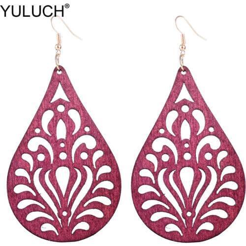 YULUCH 2019 Red Black Water Drop Wooden Hollow Flower Pendant Earrings Vintage Indian Bohemia Jewelry Hanging Earrings For Women