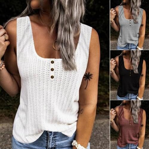 Womens Summer Casual Solid Color Shirt Tees Button Cold Shoulder Hollow Out Sexy Vintage Tshirt Sleeveless Tank Clothes S-5XL