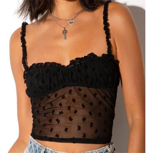 Women Summer Ruffles Crop Tops Vest Streetwear Printed Mesh Lace Shoulder Strap See Through Sleeveless Sling Camisole for Women