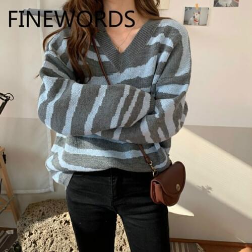 FINEWORDS Korean Striped Vintage Winter Knitted Sweater V Neck Loose Pullovers Long Sleeve Casual Knit Oversized Ladies Sweaters