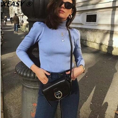 XEASY 2021 Women Fashion Solid Color Turtleneck Knitted Vintage Puff Sleeve Female Slim Autumn Sweater Pullover