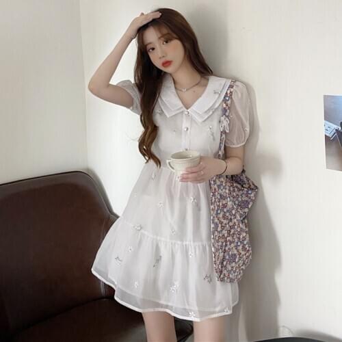 Cute Doll Collar Polarized Chiffon Shirt Skirt French Sweet Double-Layer Collar Puff Sleeve Embroided Dress Womens Summer