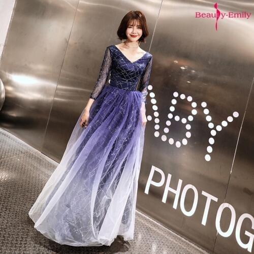 Beauty Emily V Neck Long Evening Dresses Gradient Color Full Sleeve Tulle Party Gowns Sequins Appliques Open Back robe de soiree