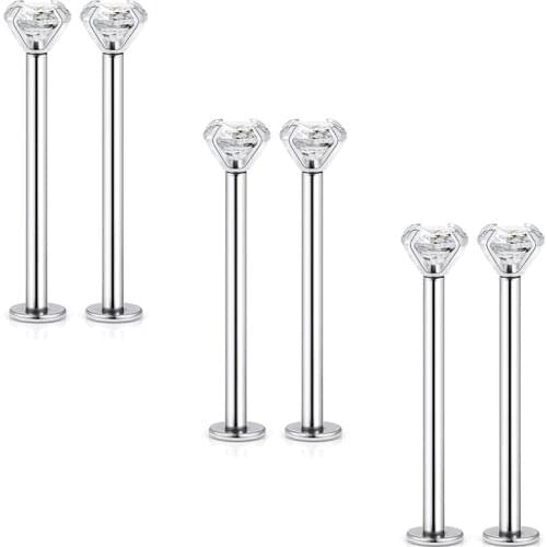 6pcs 14G Stainless Steel Labret Cheek Dimple Tongue Rings Barbell Body Piercing 4mm Cubic Zirconia Inlaid 14mm-19mm Bar Length